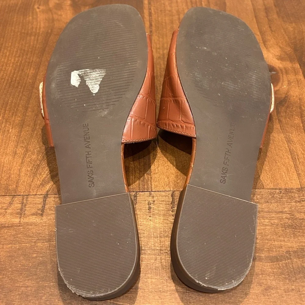 Saks Fifth Avenue Brown Leather Croc Embossed Buckle Slide Sandals 6.5